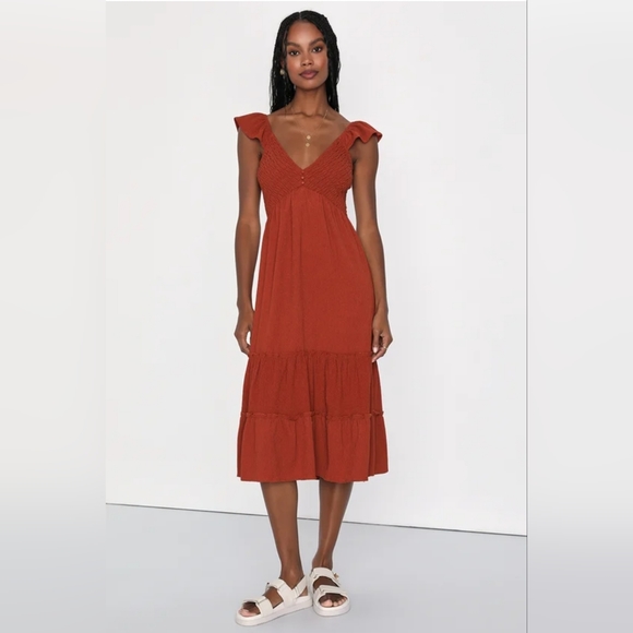Lulus Dresses & Skirts - Lulu's Simply Charismatic Smocked Tiered Midi Dress in Rust Orange